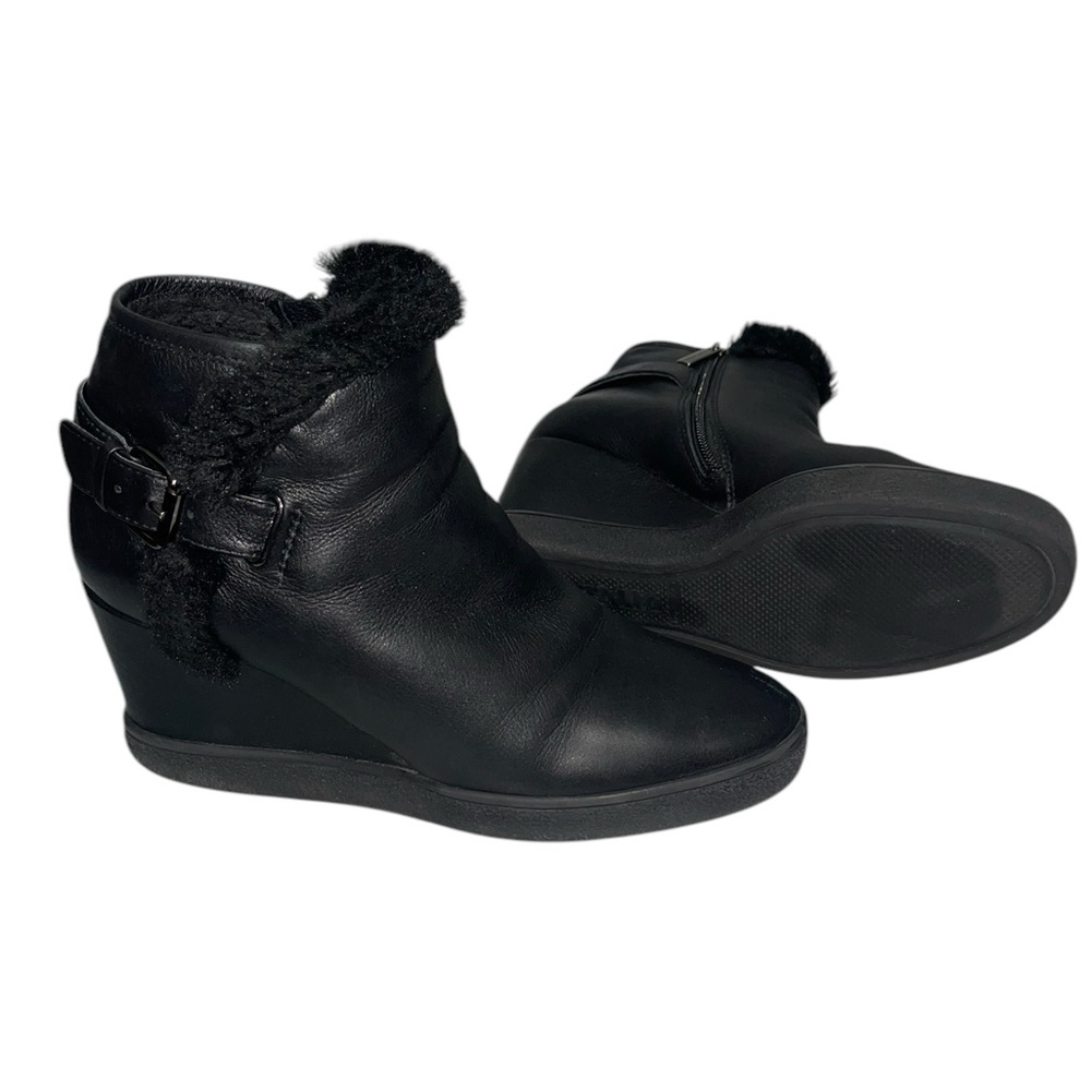AQUATALIA Black Leather Wedge Boots Faux Fur Trim Zip Up US 9 - Picture 2 of 12